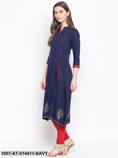 Gold Print Rayon Front Silt Kurta (Navy Blue) (Pre-Order)