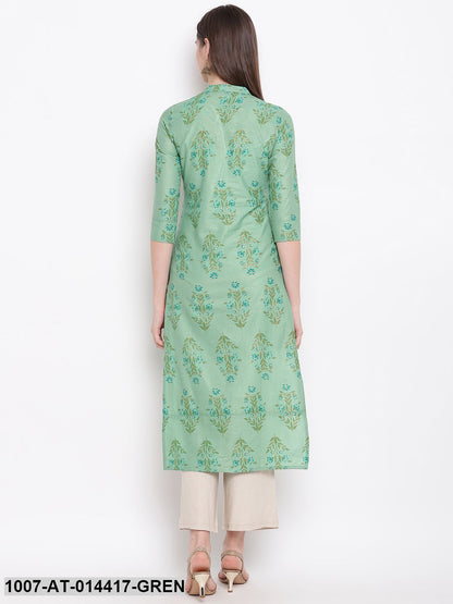 Floral Print Cotton Straight Kurta (Green) (Pre-Order)