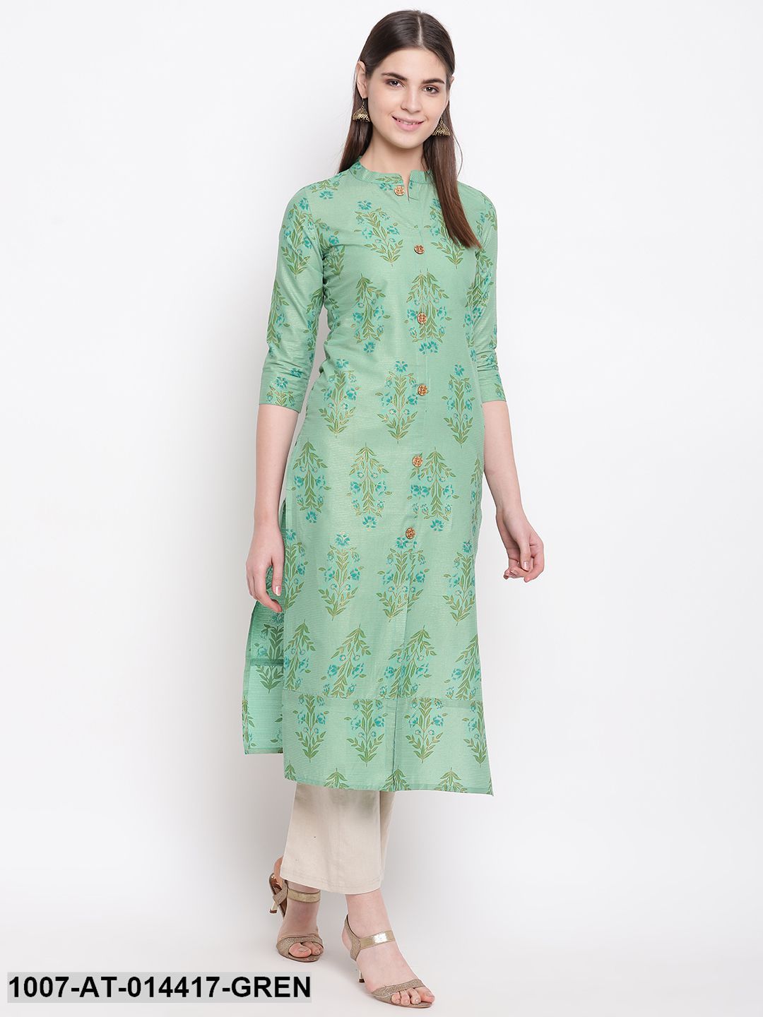 Floral Print Cotton Straight Kurta (Green) (Pre-Order)