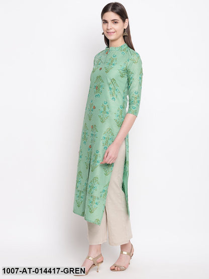 Floral Print Cotton Straight Kurta (Green) (Pre-Order)