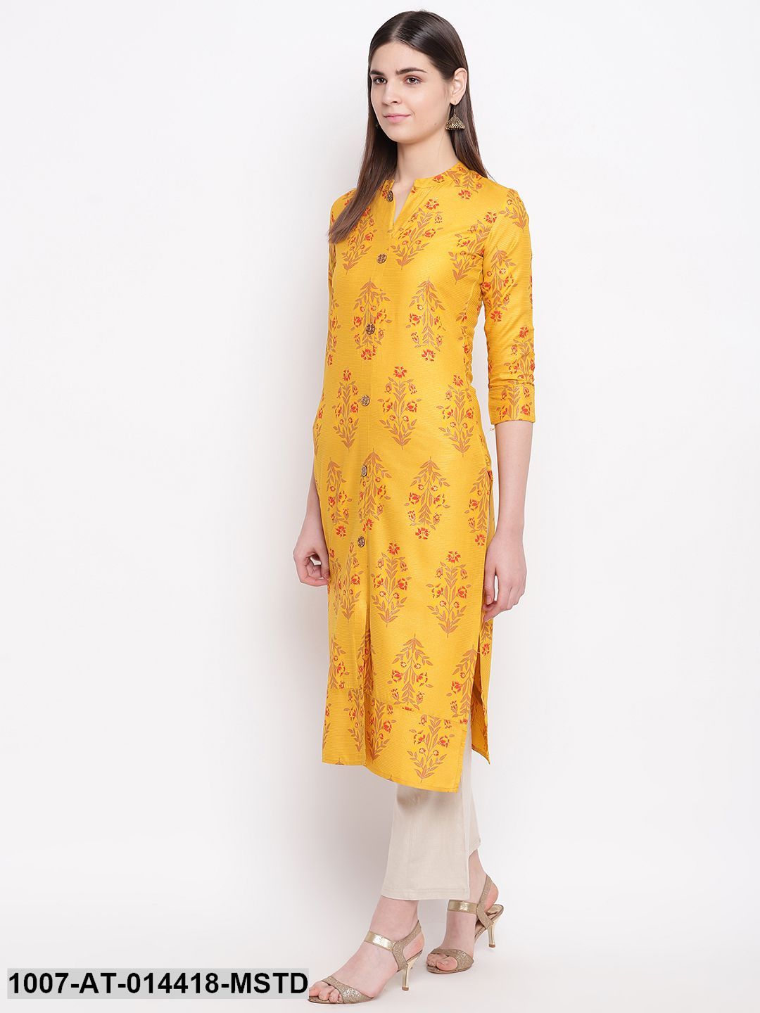 Floral Print Cotton Straight Kurta (Mustard) (Pre-Order)