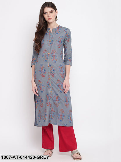 Floral Print Cotton Straight Kurta (Grey) (Pre-Order)