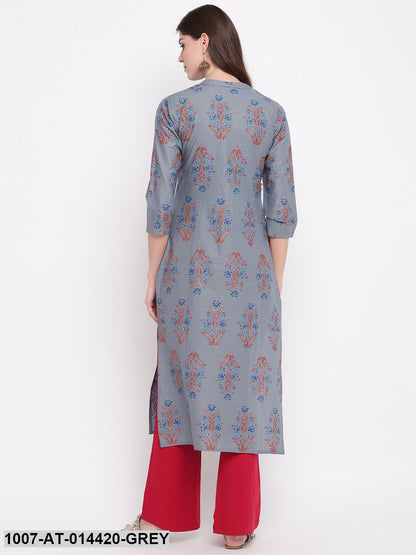 Floral Print Cotton Straight Kurta (Grey) (Pre-Order)