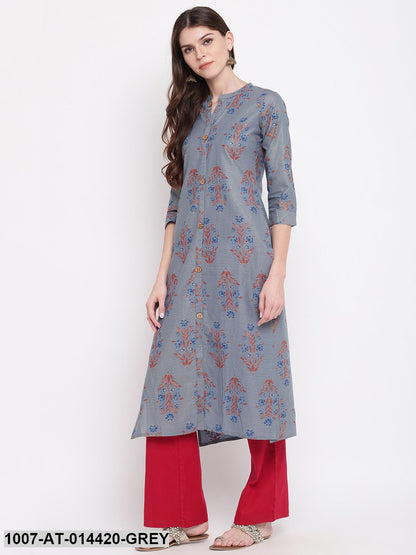 Floral Print Cotton Straight Kurta (Grey) (Pre-Order)