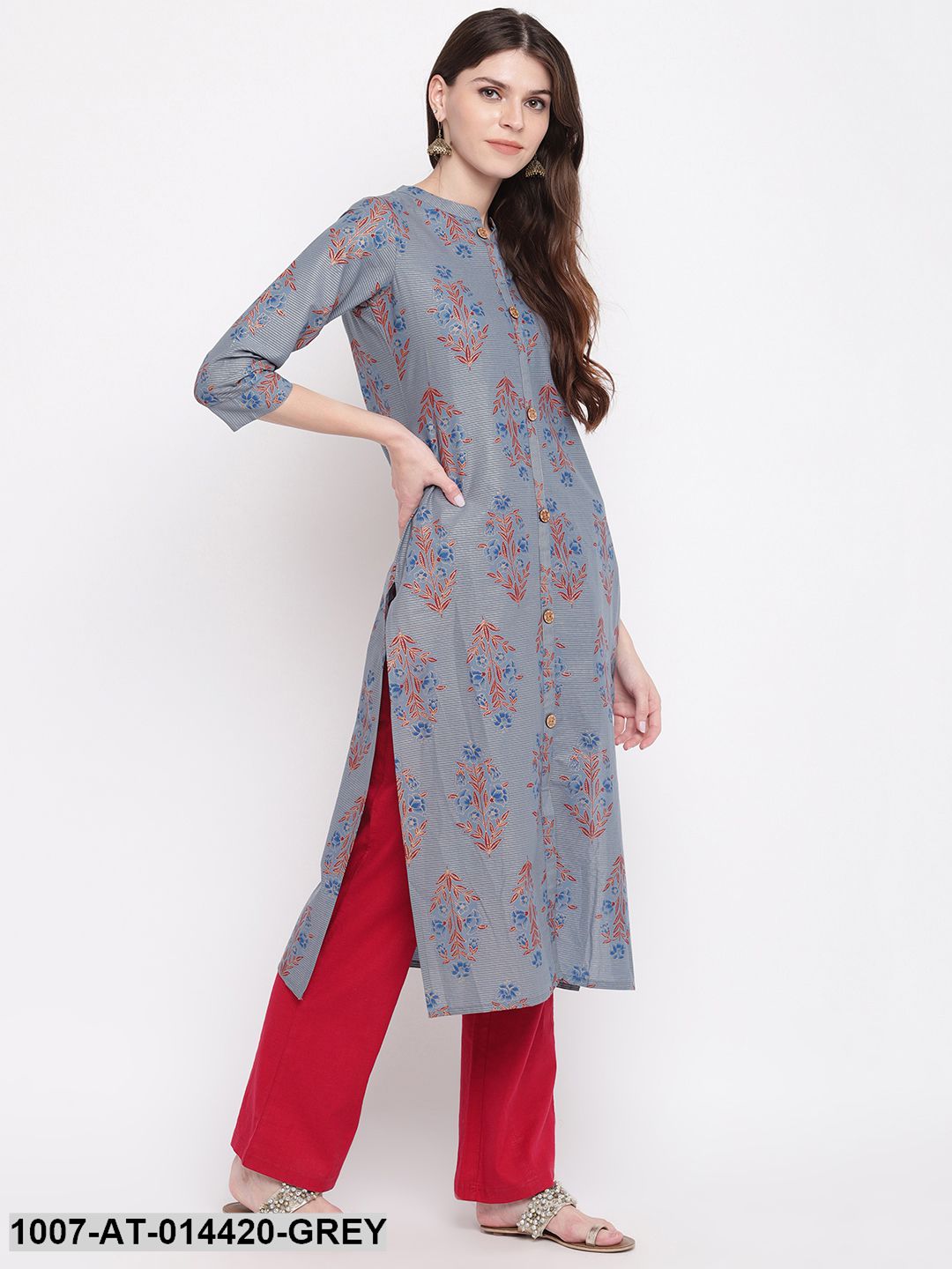 Floral Print Cotton Straight Kurta (Grey) (Pre-Order)