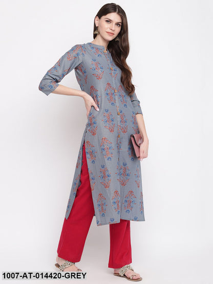 Floral Print Cotton Straight Kurta (Grey) (Pre-Order)