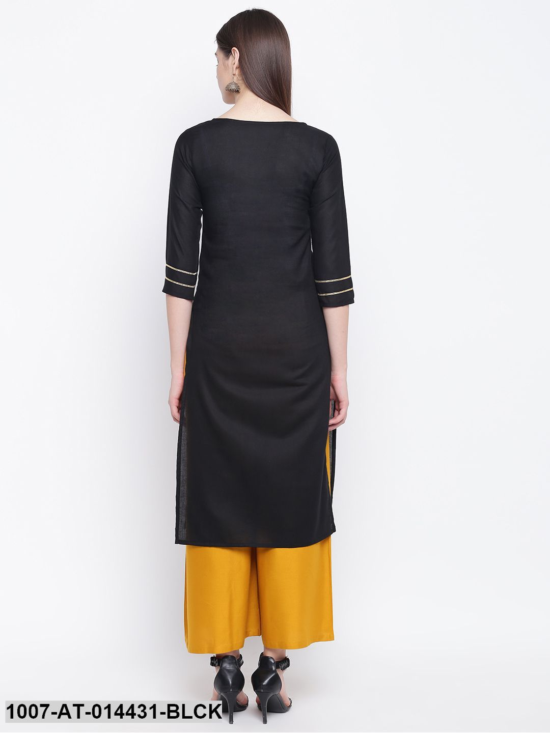 Gold Print Cotton Straight Kurta (Black) (Pre-Order)