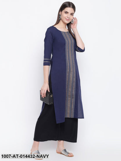 Gold Print Cotton Straight Kurta (Navy Blue) (Pre-Order)