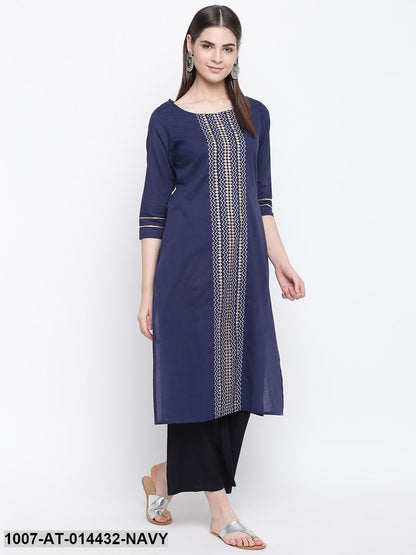 Gold Print Cotton Straight Kurta (Navy Blue) (Pre-Order)