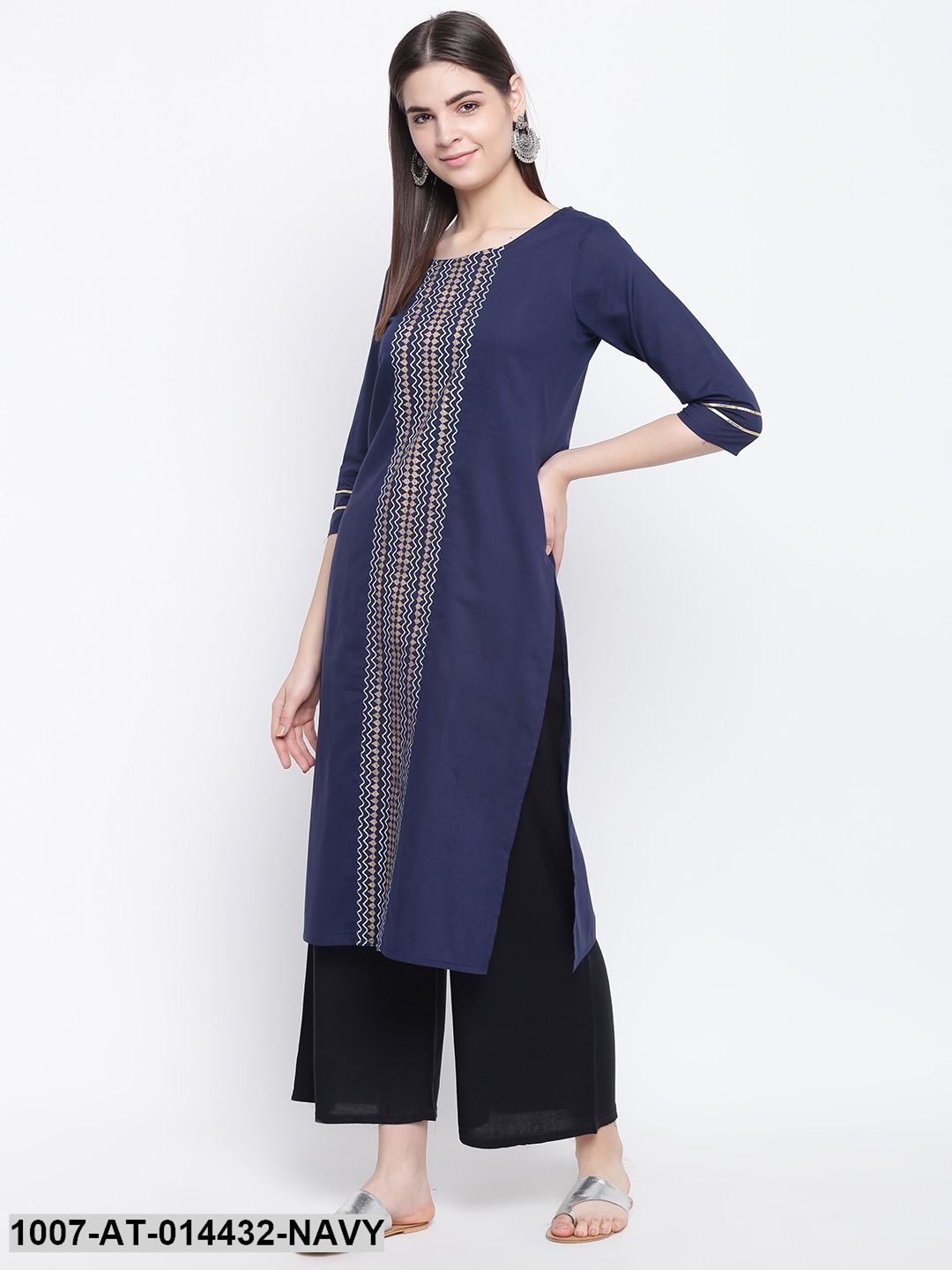 Gold Print Cotton Straight Kurta (Navy Blue) (Pre-Order)