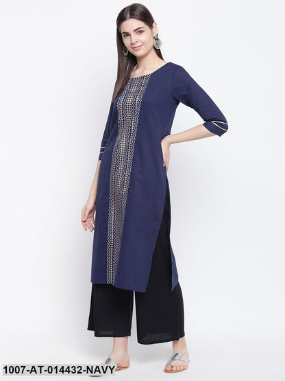 Gold Print Cotton Straight Kurta (Navy Blue) (Pre-Order)