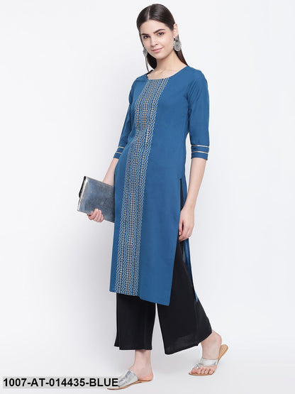 Gold Print Cotton Straight Kurta (Blue) (Pre-Order)