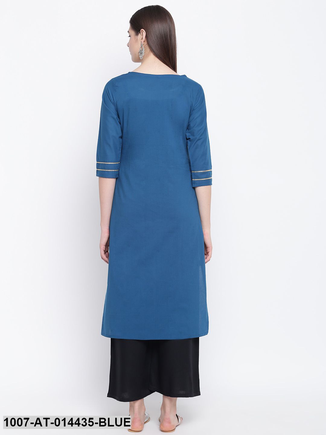 Gold Print Cotton Straight Kurta (Blue) (Pre-Order)