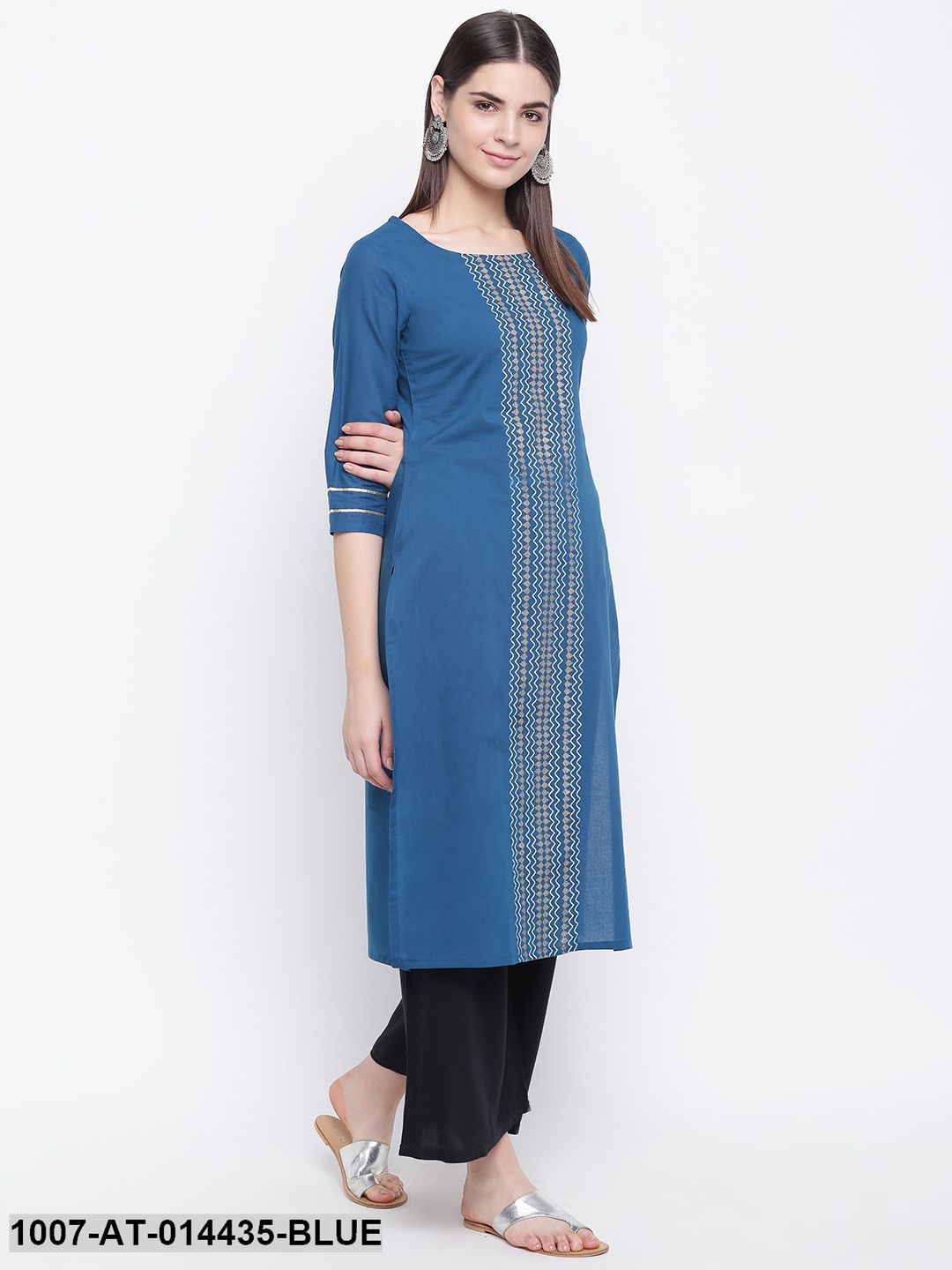 Gold Print Cotton Straight Kurta (Blue) (Pre-Order)