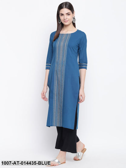 Gold Print Cotton Straight Kurta (Blue) (Pre-Order)