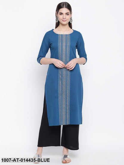 Gold Print Cotton Straight Kurta (Blue) (Pre-Order)