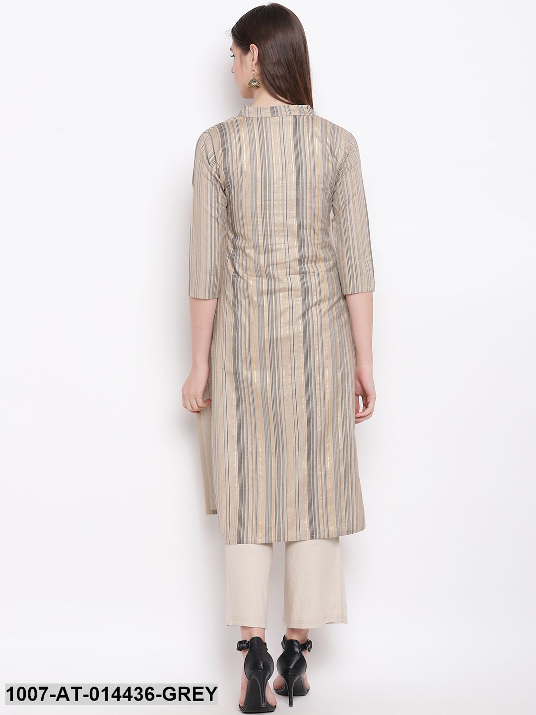 Striped Print Cotton Straight Kurta (Grey) (Pre-Order)
