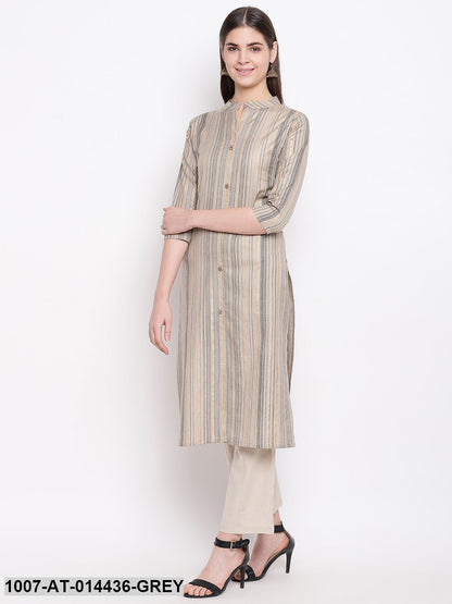 Striped Print Cotton Straight Kurta (Grey) (Pre-Order)