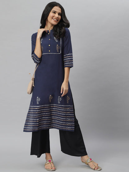 Hand Block Print Cotton Straight Kurta (Navy Blue) (Pre-Order)