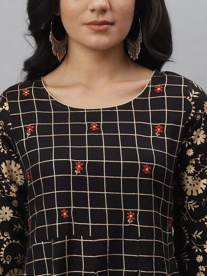 Checkered Rayon Flared Kurta (Black) (Pre-Order)