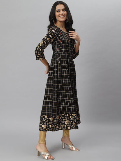Checkered Rayon Flared Kurta (Black) (Pre-Order)