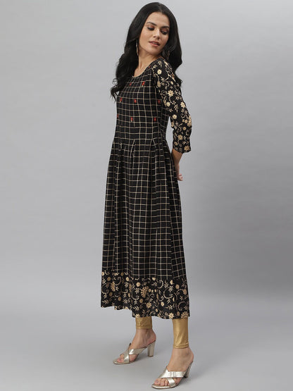 Checkered Rayon Flared Kurta (Black) (Pre-Order)