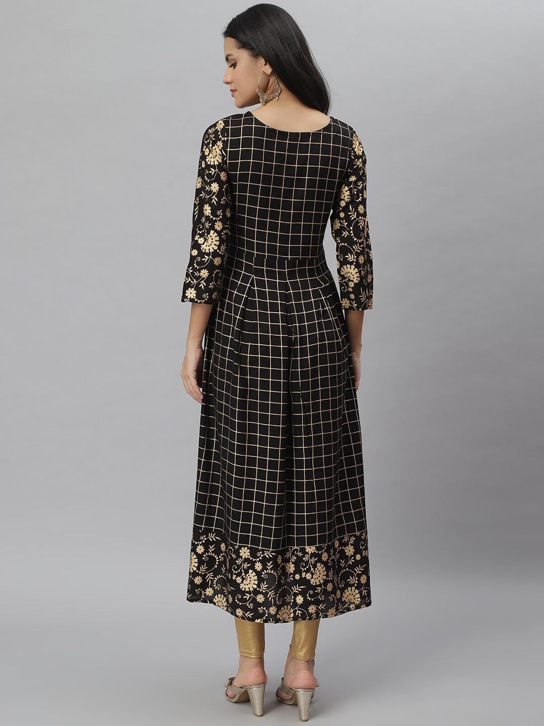 Checkered Rayon Flared Kurta (Black) (Pre-Order)