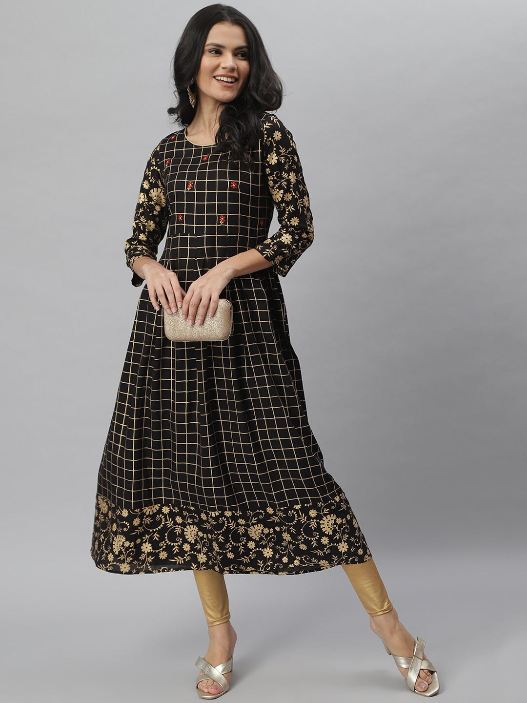 Checkered Rayon Flared Kurta (Black) (Pre-Order)