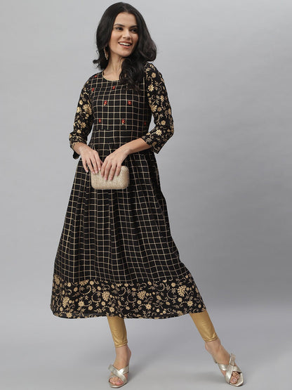 Checkered Rayon Flared Kurta (Black) (Pre-Order)