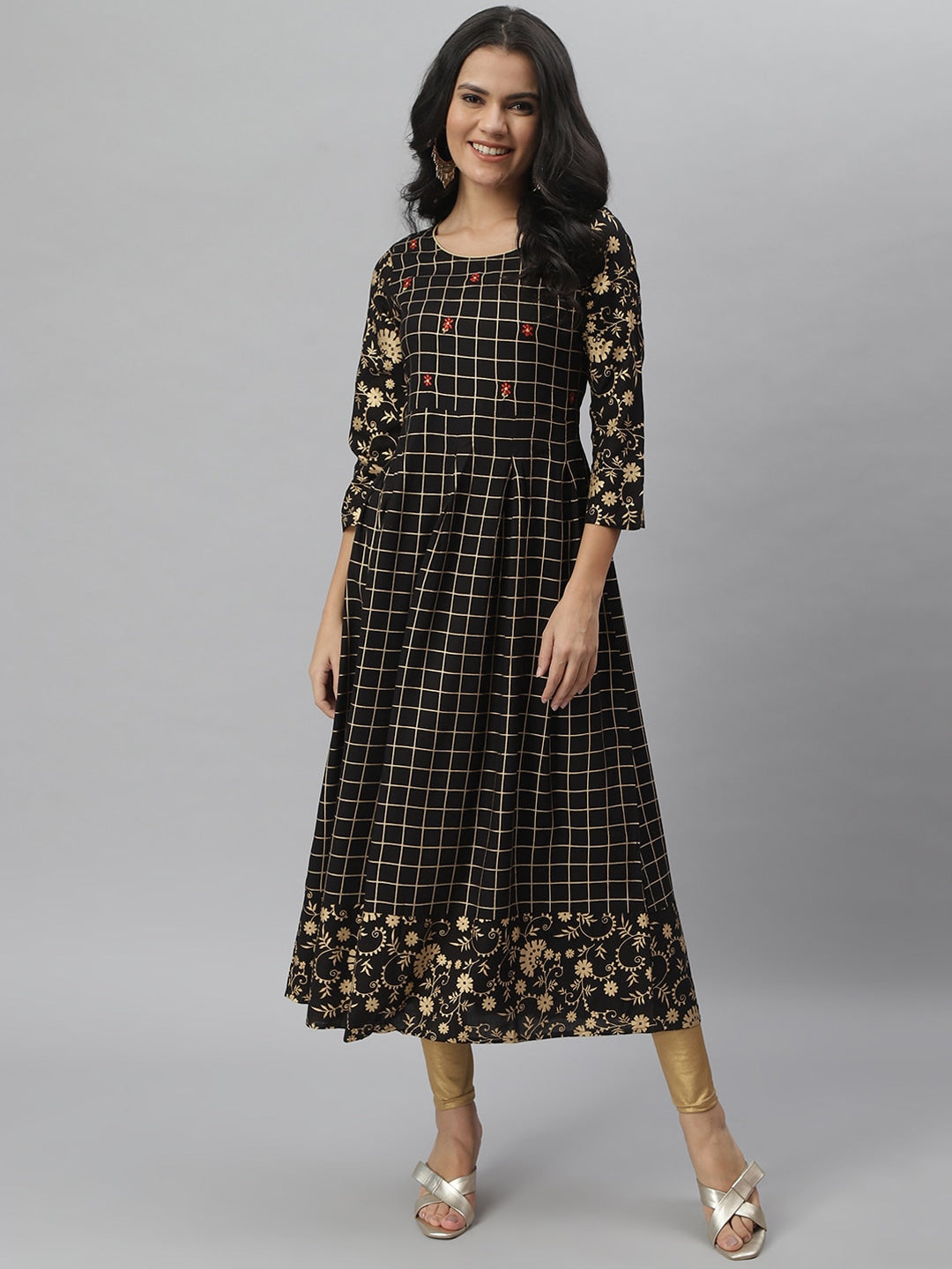 Checkered Rayon Flared Kurta (Black) (Pre-Order)