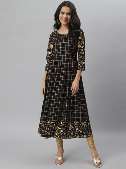 Checkered Rayon Flared Kurta (Black) (Pre-Order)