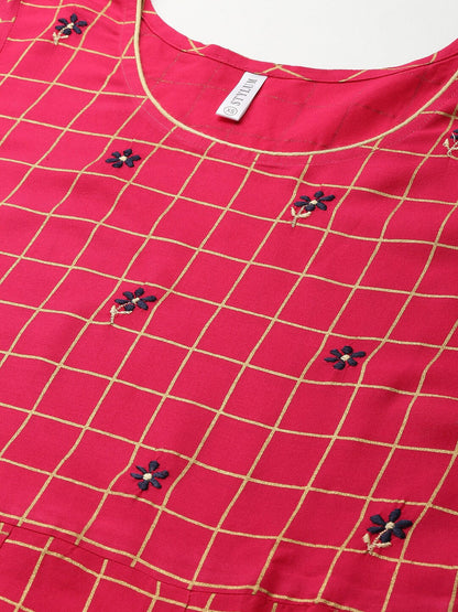 Checkered Rayon Flared Kurta (Pink) (Pre-Order)