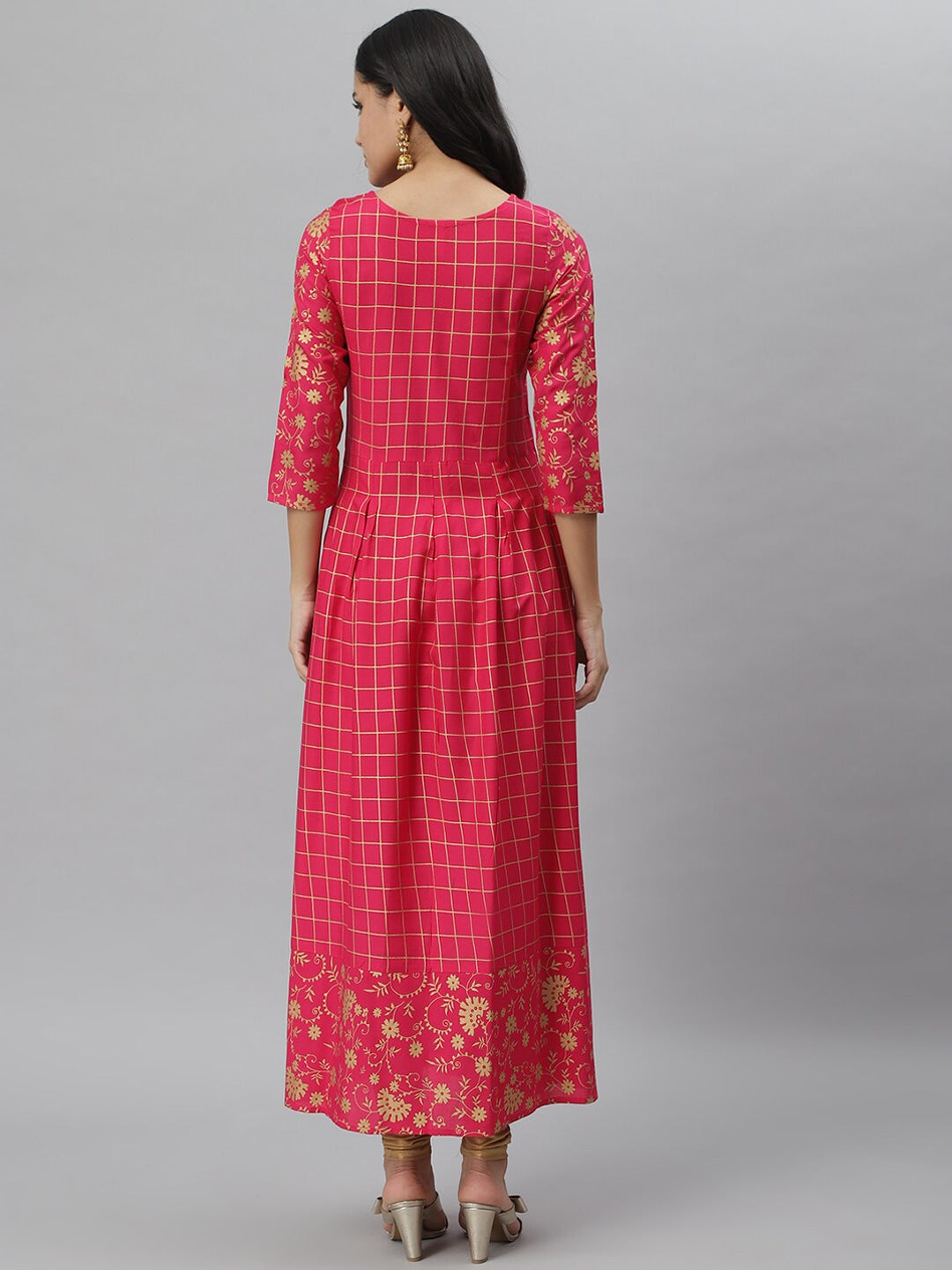 Checkered Rayon Flared Kurta (Pink) (Pre-Order)