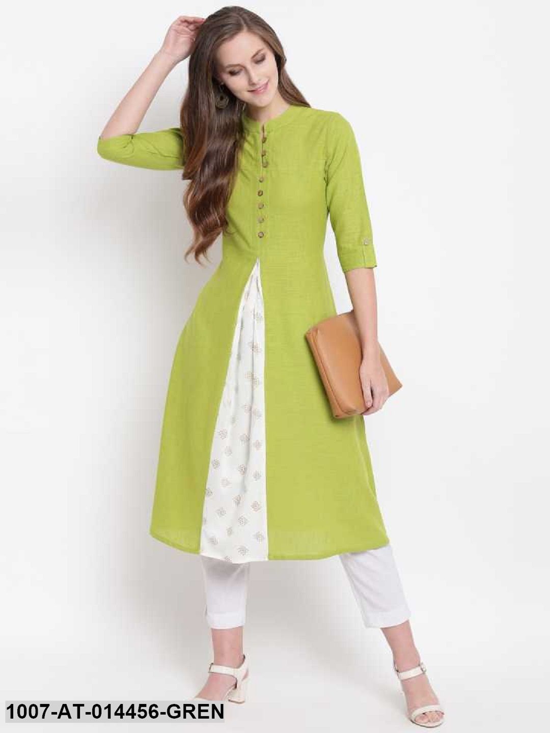 Solid Cotton Slub A-Line Kurta (Green) (Pre-Order)