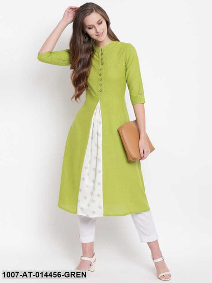 Solid Cotton Slub A-Line Kurta (Green) (Pre-Order)