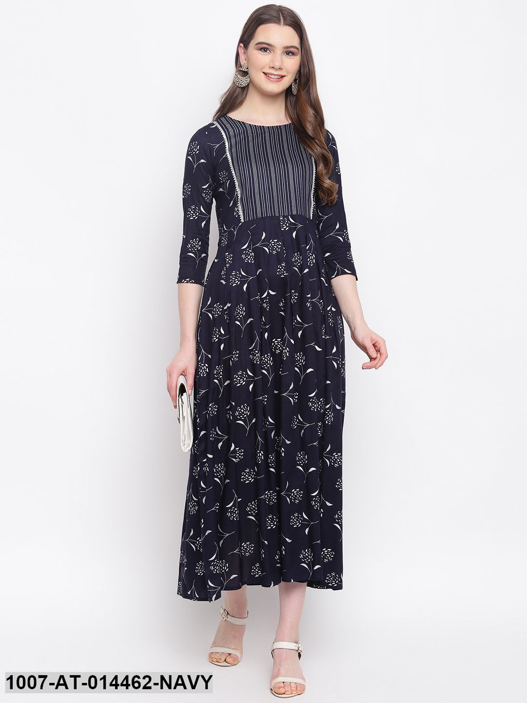Silver Print Rayon Pleated Kurta (Dark Blue) (Pre-Order)
