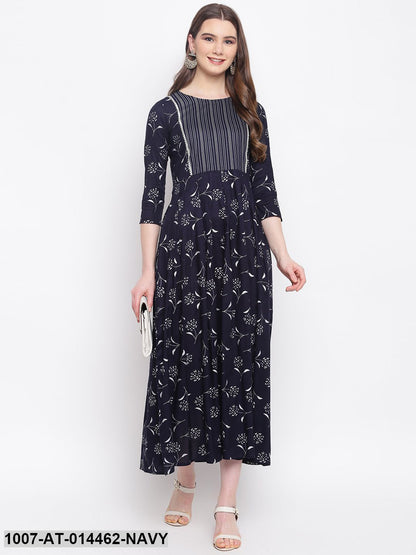 Silver Print Rayon Pleated Kurta (Dark Blue) (Pre-Order)