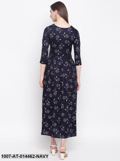 Silver Print Rayon Pleated Kurta (Dark Blue) (Pre-Order)