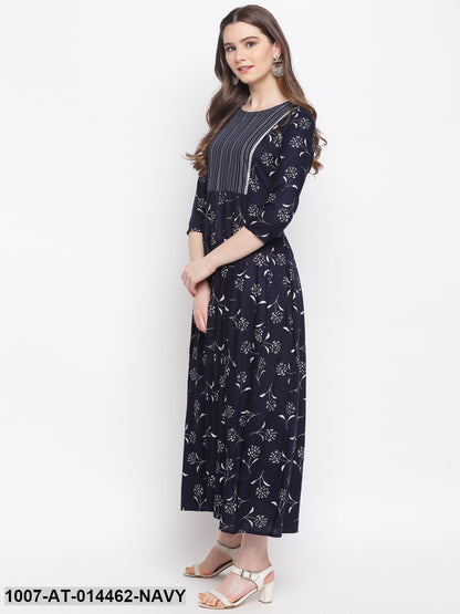Silver Print Rayon Pleated Kurta (Dark Blue) (Pre-Order)