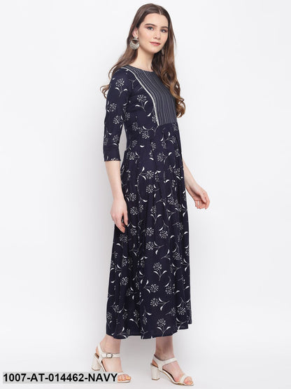 Silver Print Rayon Pleated Kurta (Dark Blue) (Pre-Order)