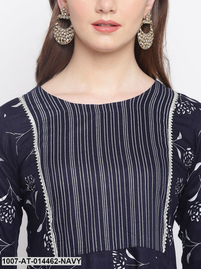 Silver Print Rayon Pleated Kurta (Dark Blue) (Pre-Order)