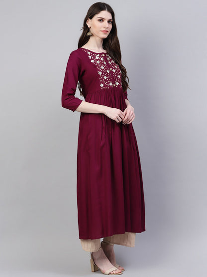 Embroidered Rayon Flared Kurta (Wine) (Pre-Order)