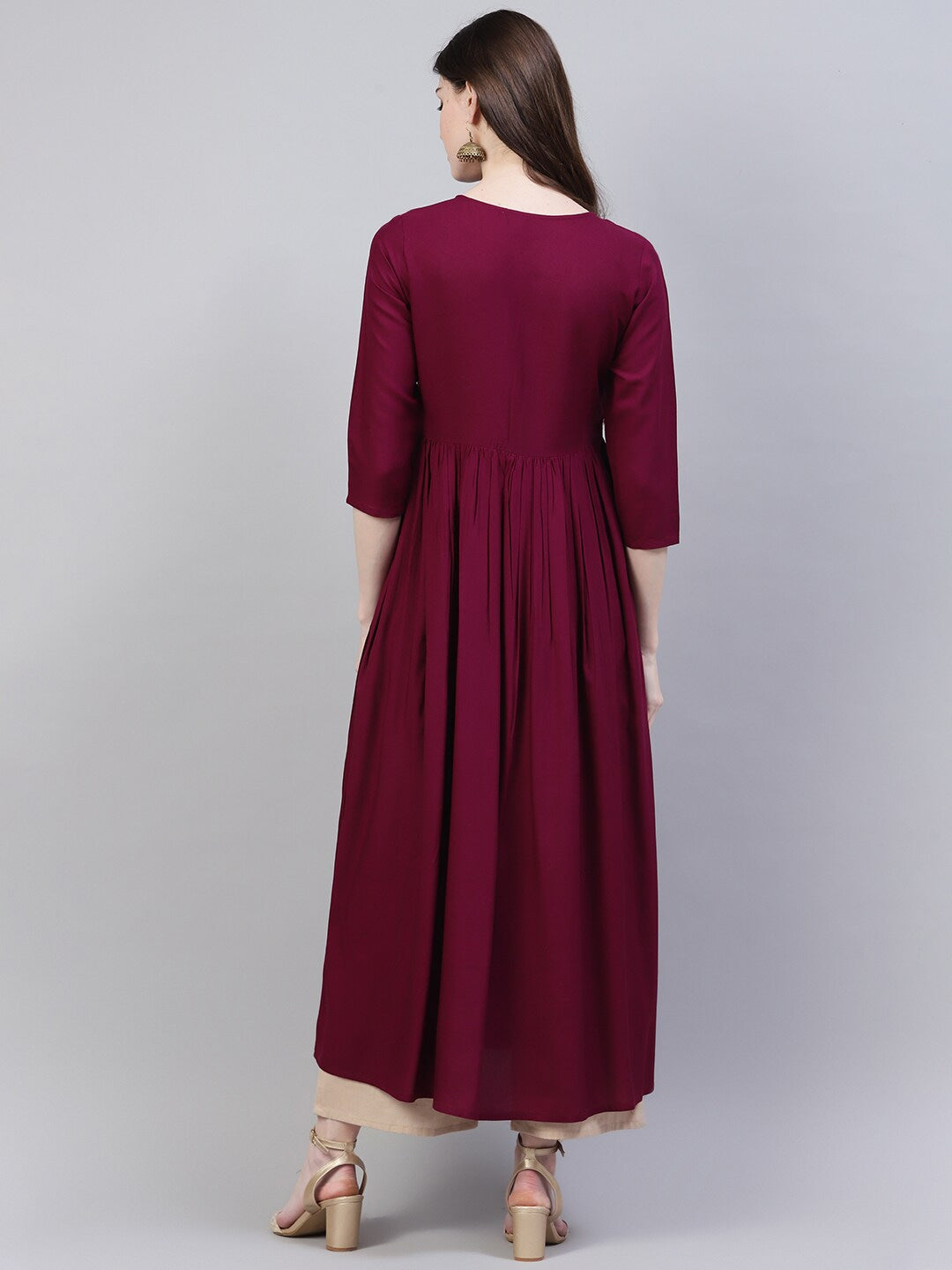 Embroidered Rayon Flared Kurta (Wine) (Pre-Order)