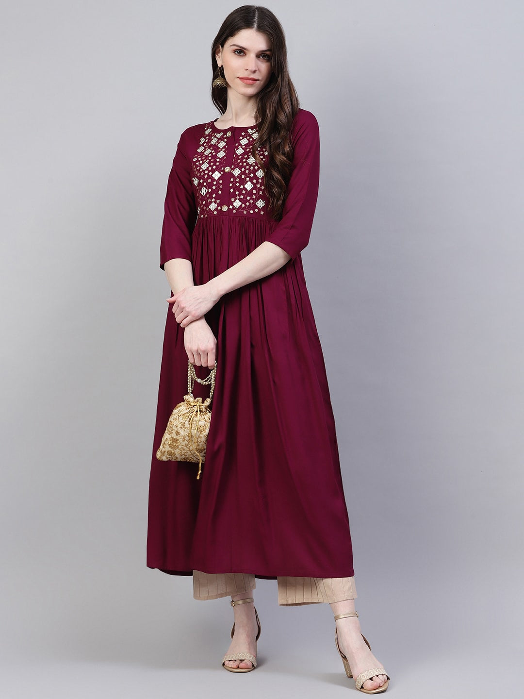 Embroidered Rayon Flared Kurta (Wine) (Pre-Order)