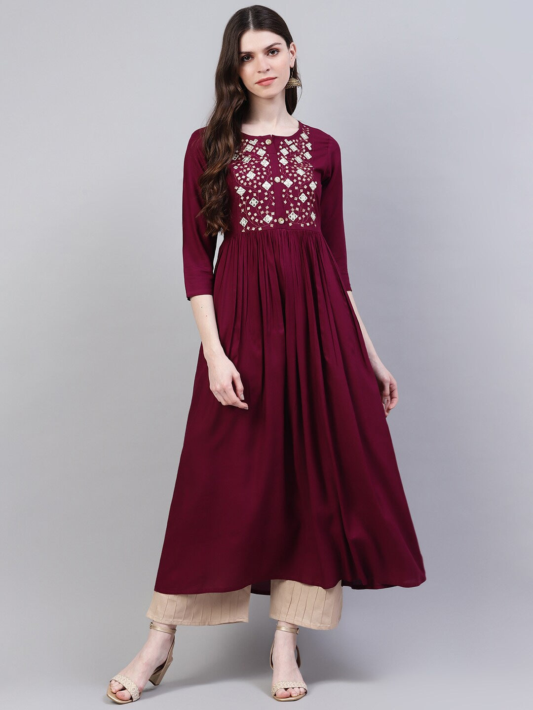Embroidered Rayon Flared Kurta (Wine) (Pre-Order)