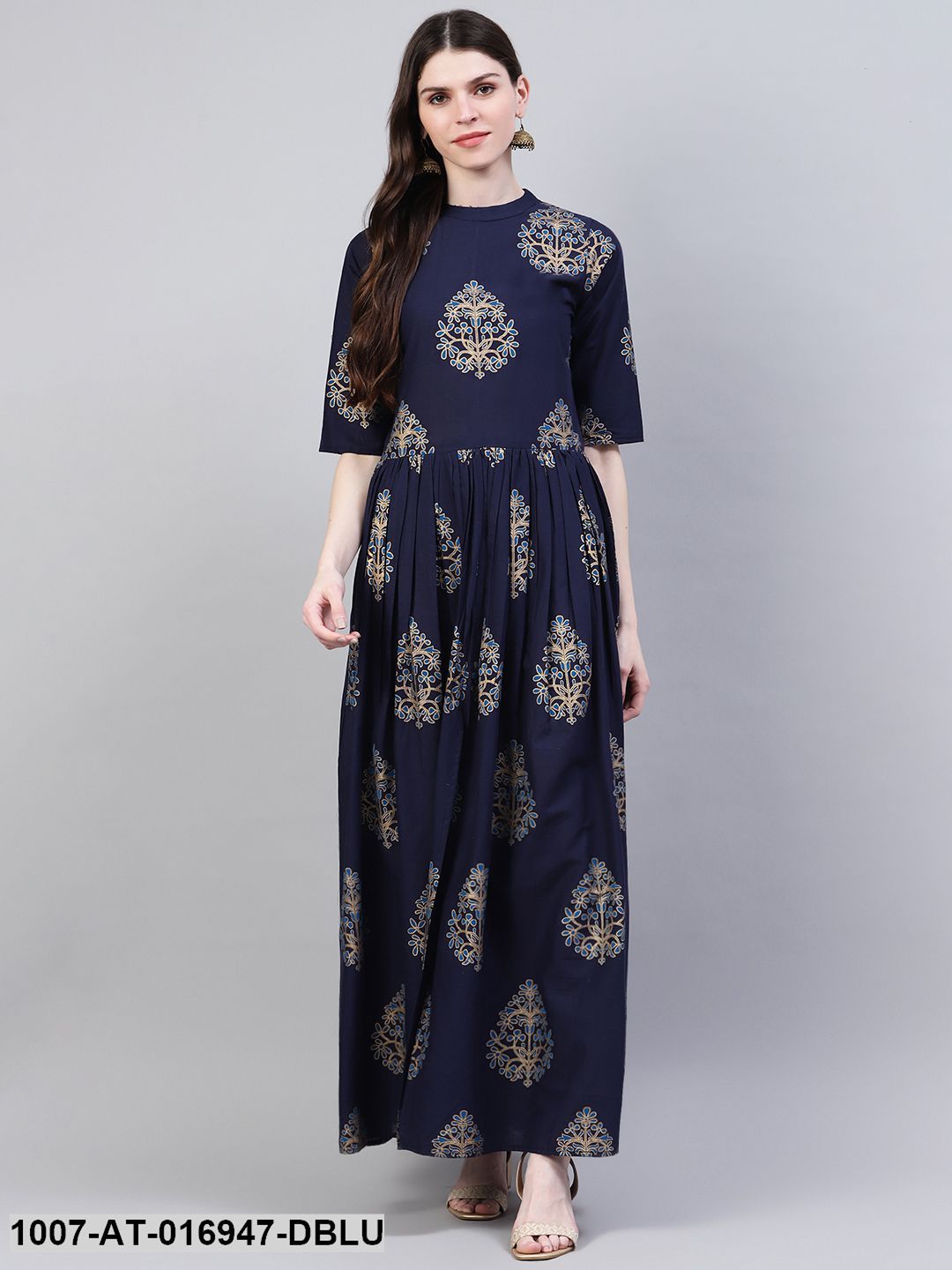 Gold Print Cotton Front Slit Kurta (Dark Blue) (Pre-Order)