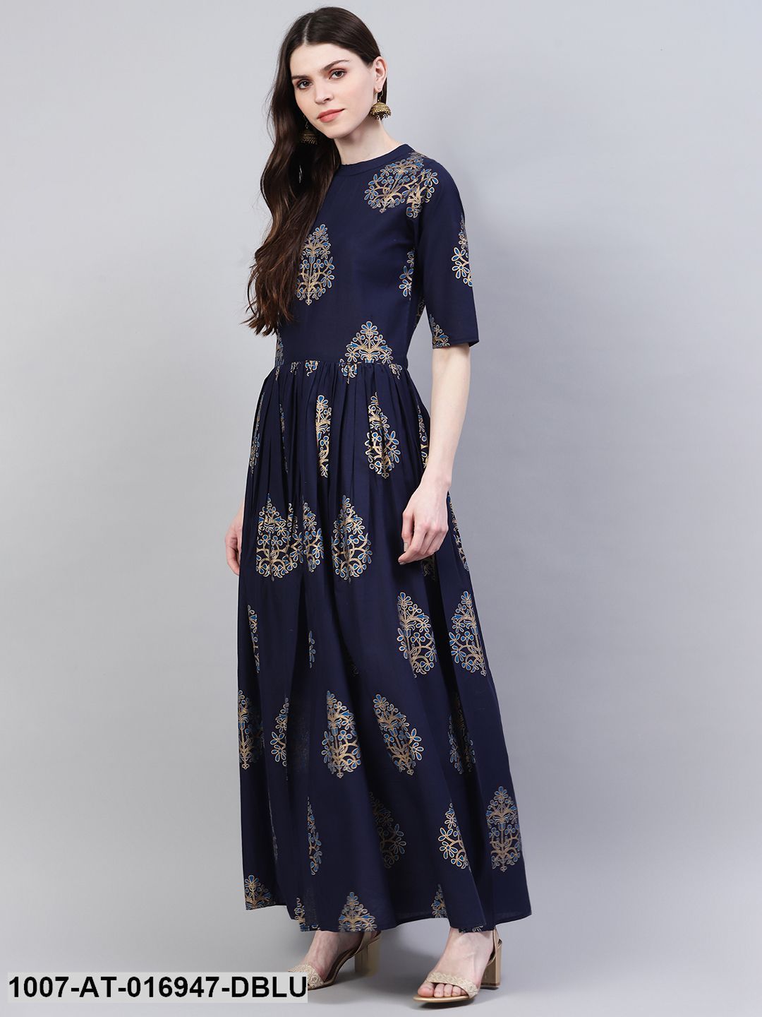 Gold Print Cotton Front Slit Kurta (Dark Blue) (Pre-Order)