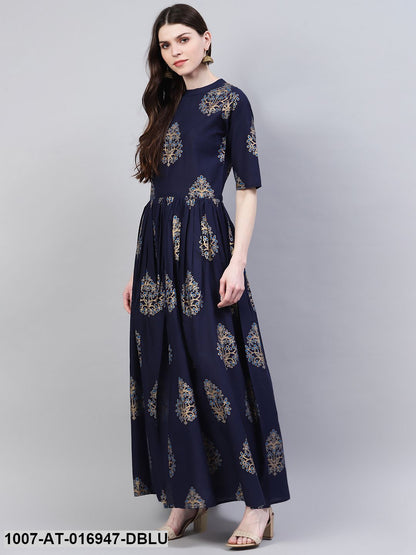 Gold Print Cotton Front Slit Kurta (Dark Blue) (Pre-Order)