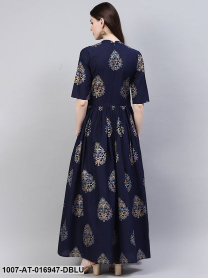Gold Print Cotton Front Slit Kurta (Dark Blue) (Pre-Order)