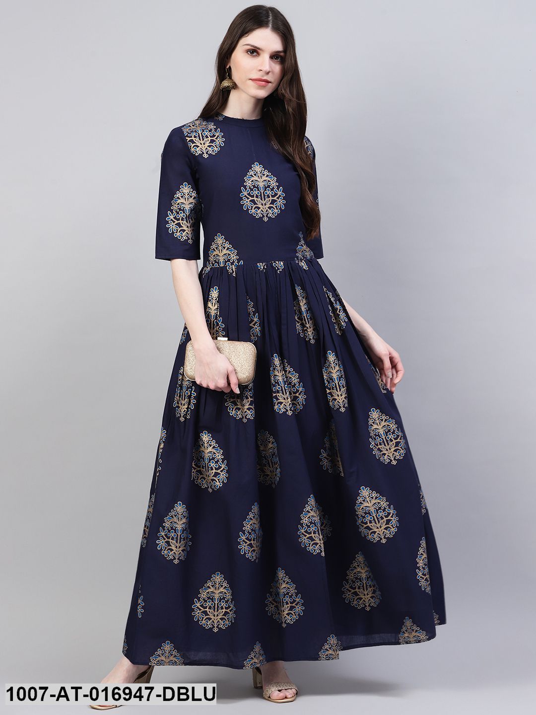 Gold Print Cotton Front Slit Kurta (Dark Blue) (Pre-Order)